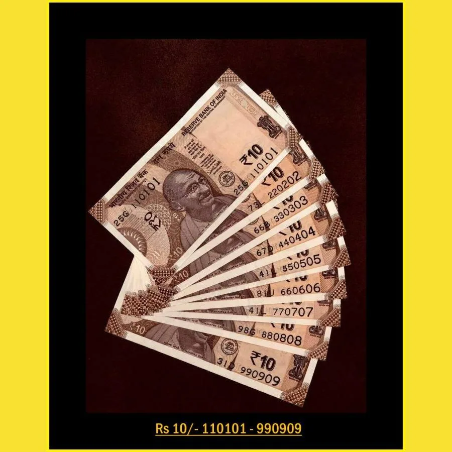 Rs 10 India Banknote Semi Solid Set 110101 to 990909 Gem Unc Unique and Rare
