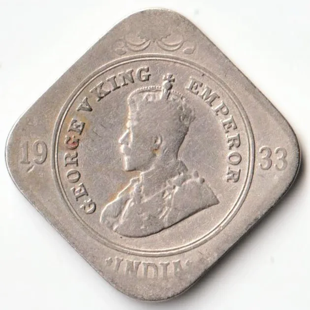 Extremely Rare 2 Anna of 1933 Copper Nickel Coin of George V British India Coinage