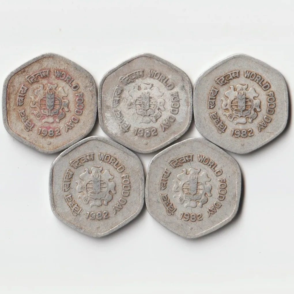 5 Coins Set of Twenty Paise 1982 Aluminiuma Coin of Hyderabad Mint Commemorative Issue FAO- World Food Day Collectible Coins of Republic India
