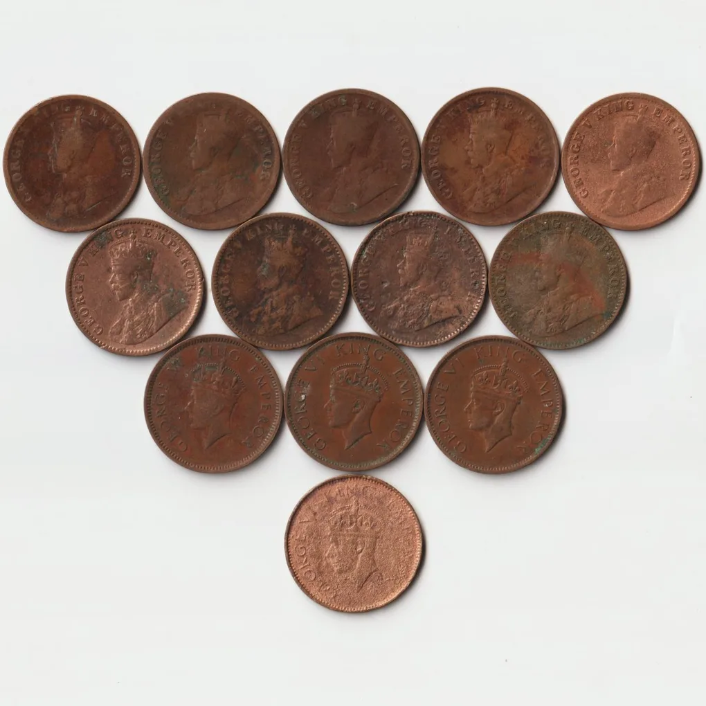 13 Coins Set of One Quarter Anna 1912 to 1942 Bronze Coin of King George V and George VI British India Coinage