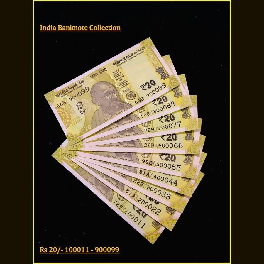 Rs 20 India Banknote Semi Solid Set 100011 to 900099 Gem Unc Unique and Rare