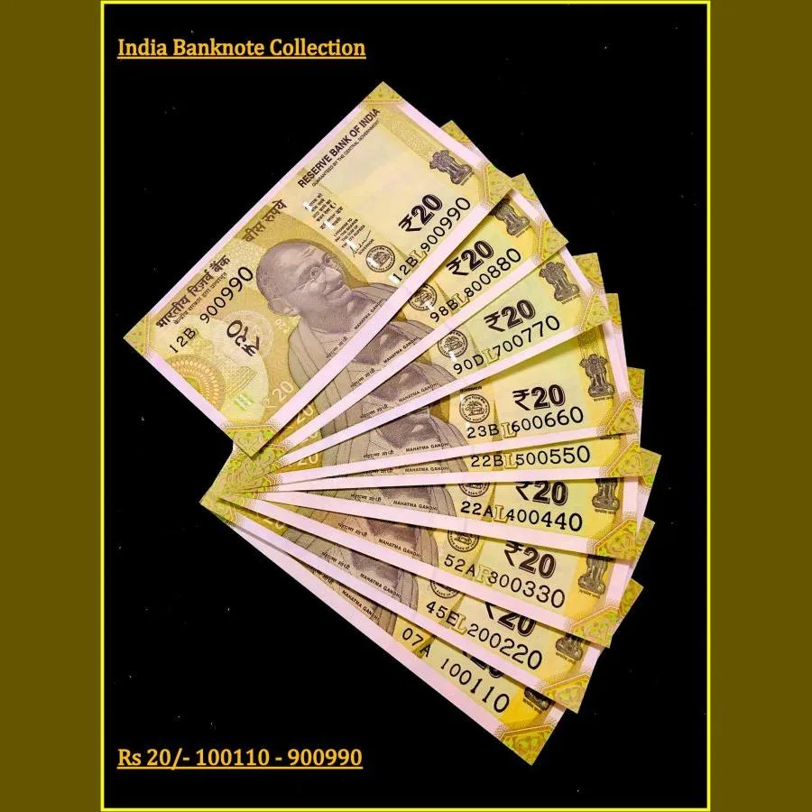 Rs 20 India Banknote Semi Solid Set 100110 to 900990 Gem Unc Unique and Rare
