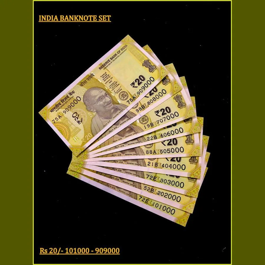 Rs 20 India Banknote Semi Solid Set 1010000 to 9090000 Gem Unc Unique and Rare