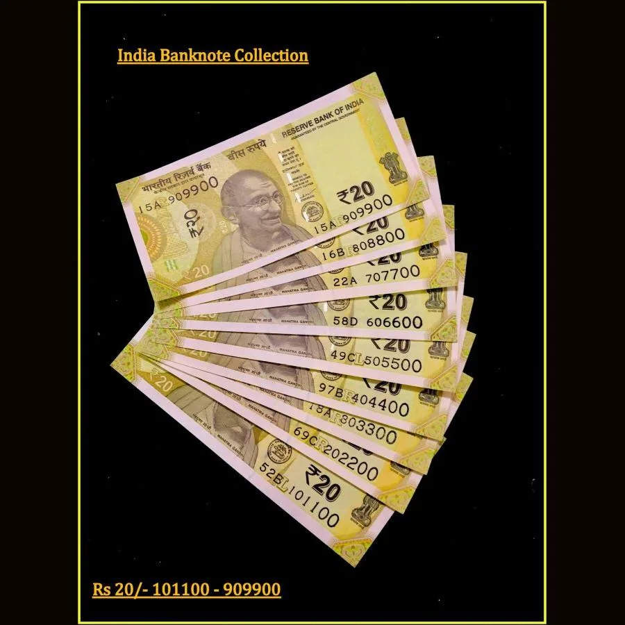 Rs 20 India Banknote Semi Solid Set 101100 to 909900 Gem Unc Unique and Rare