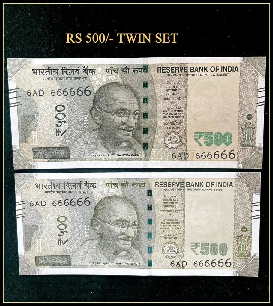 Rs 500 Twin Pair Gem Unc Very Unique Banknote Set Super Solid Number 6AD 666666