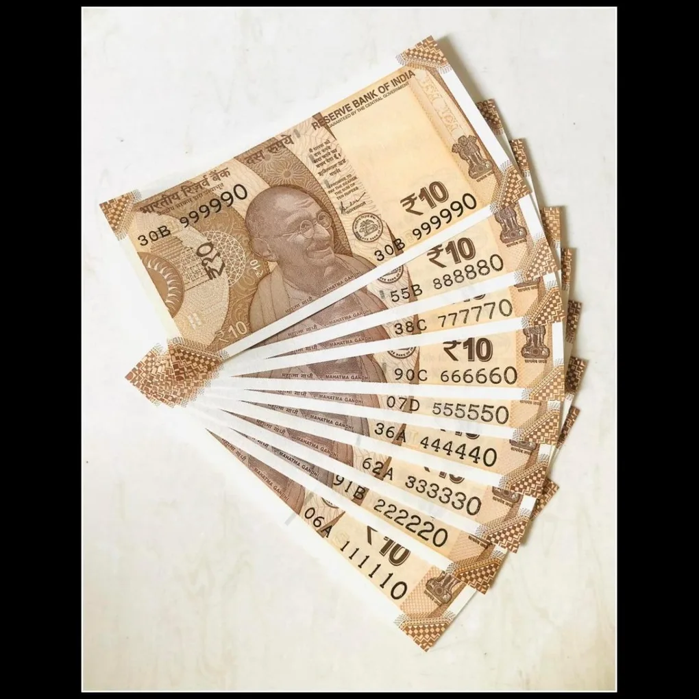 Rs 10 India Banknote Set 111110 to 999990 Gem Unc Unique 9 Note set