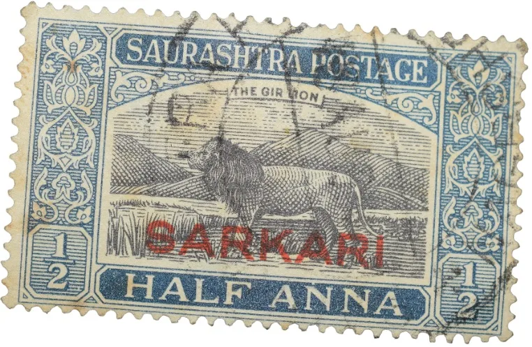 Postal Stamp of Saurashatra State/Region 1/2 Anna with Gir Lion in Blue Colour Used Condition as per Image.