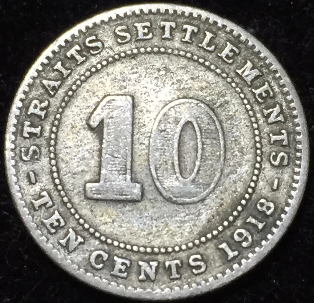 1918 British Malaysia Straits Settlements 10 Cents - George V Rare Lowest Price Coin #V25