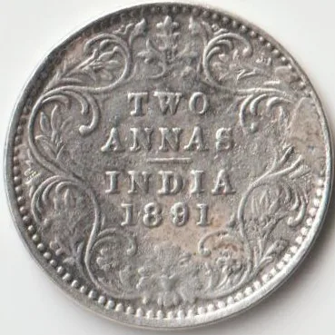 Extremely Fine Grade Two Anna 1891 Silver Coin of Victoria Empress British India Coinage