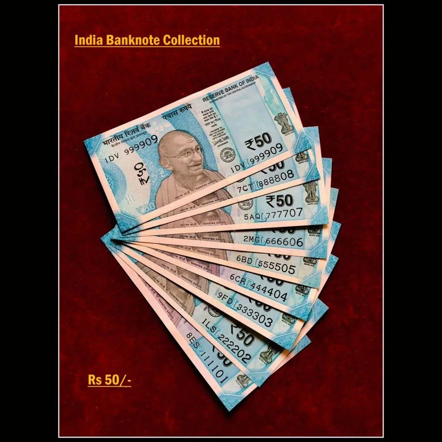 Rs 50 India Banknote Semi Solid Set 111110 to 999909 Gem Unc Unique and Rare