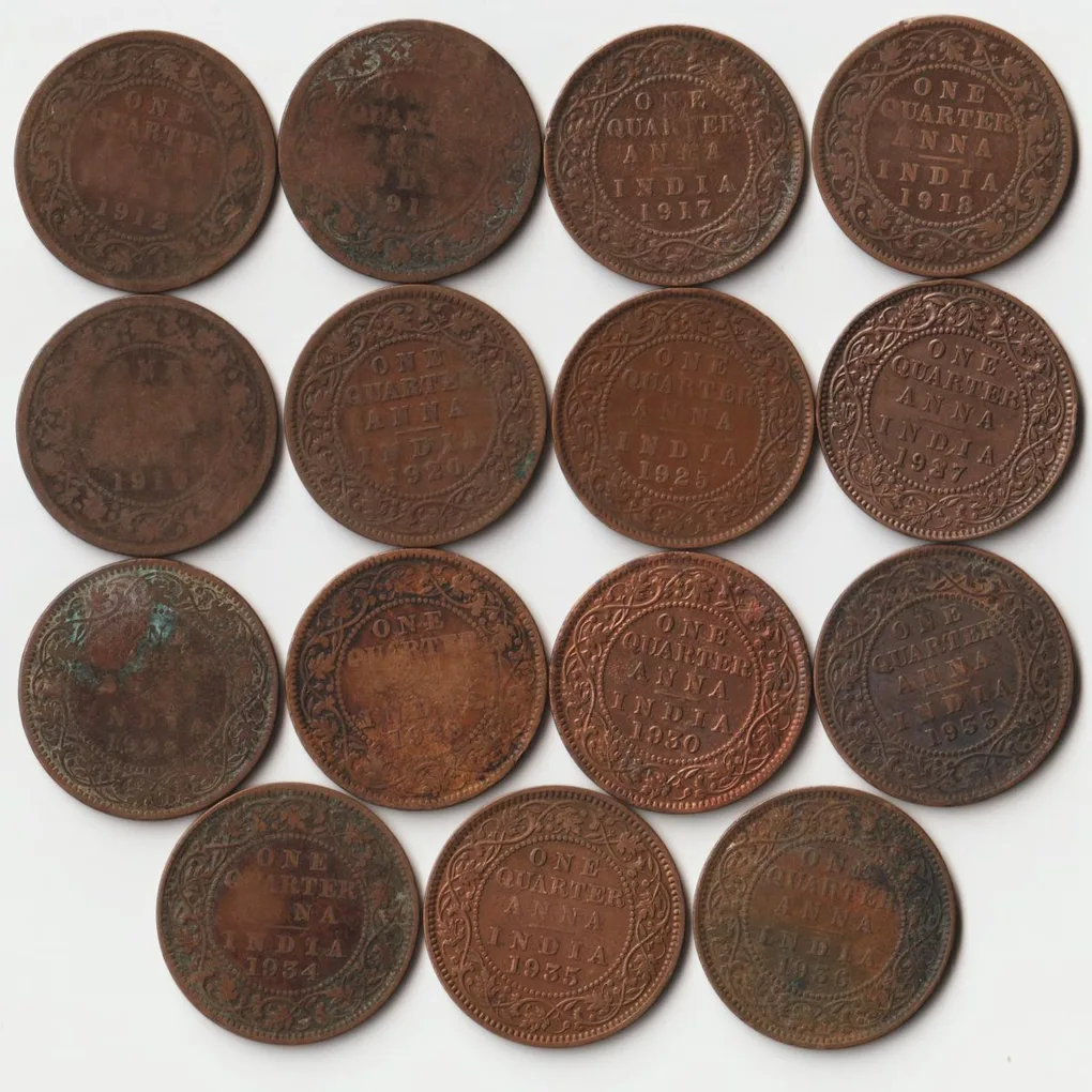 15 Coins Set of One Quarter Anna 1912 to 1936 Bronze Coin of King George V British India Coinage