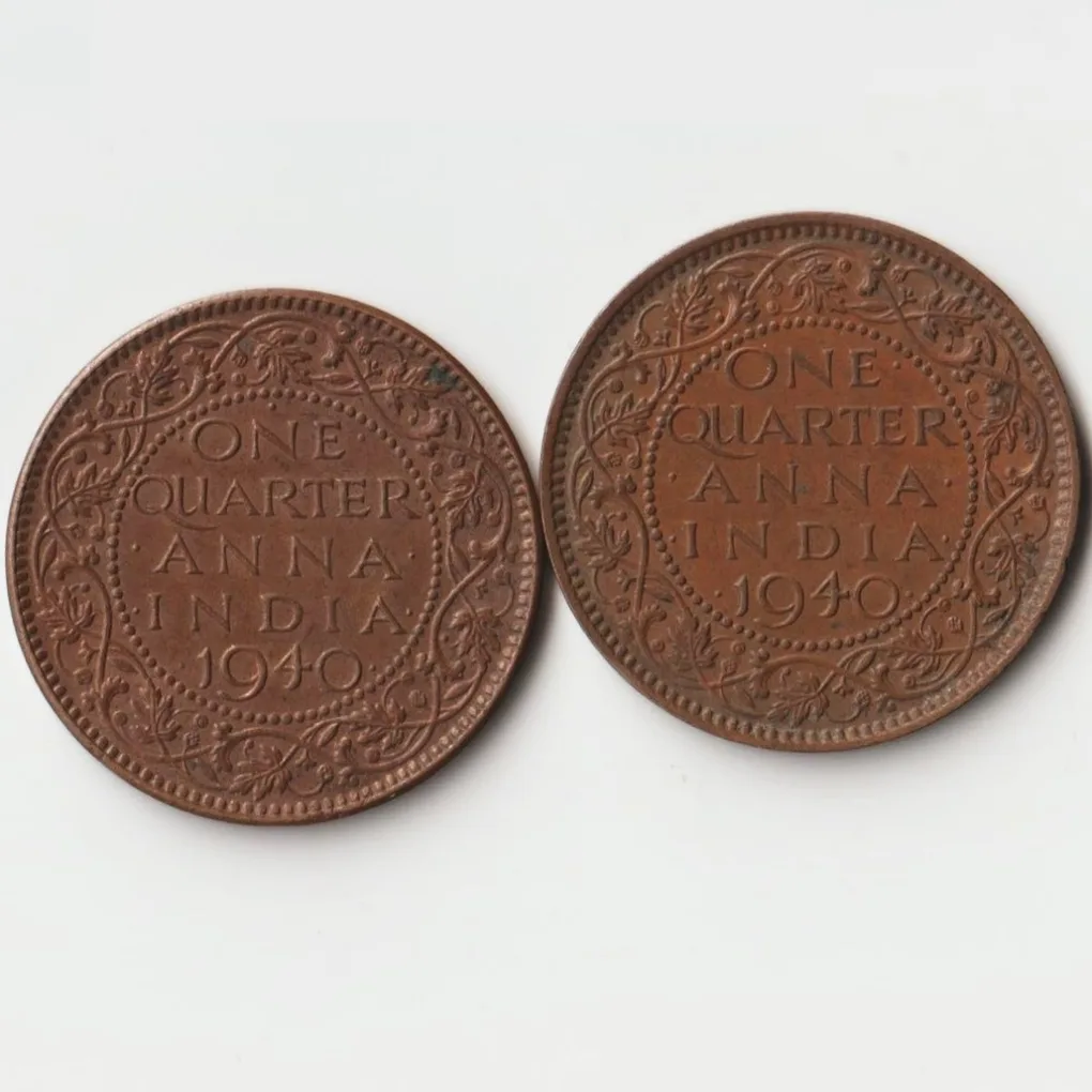 Combo Set of One Quarter Anna 1940 Calcutta and Bombay Mint Bronze Coin of King George VI British India Coinage