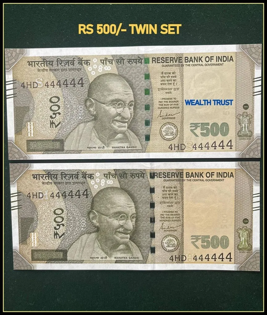 Rs 500 Twin Pair Gem Unc Very Unique Banknote Set Super Solid Number 4HD 444444