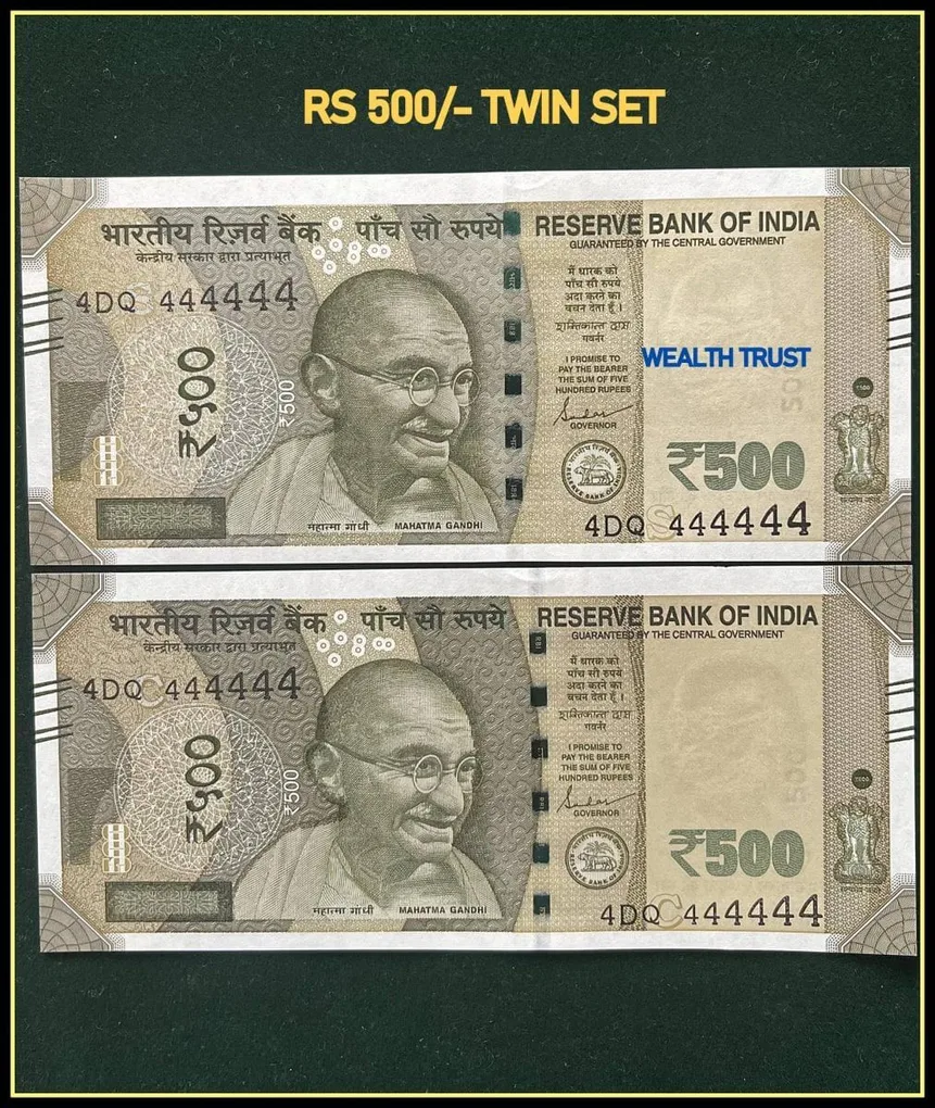 Rs 500 Twin Pair Gem Unc Very Unique Banknote Set Super Solid Number 4DQ 444444