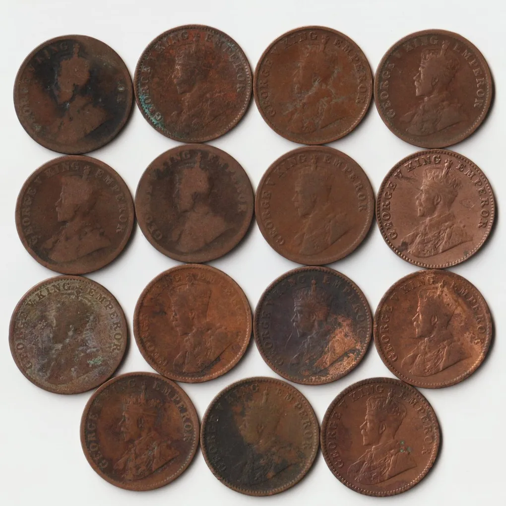 15 Coins Set of One Quarter Anna 1912 to 1936 Bronze Coin of King George V British India Coinage