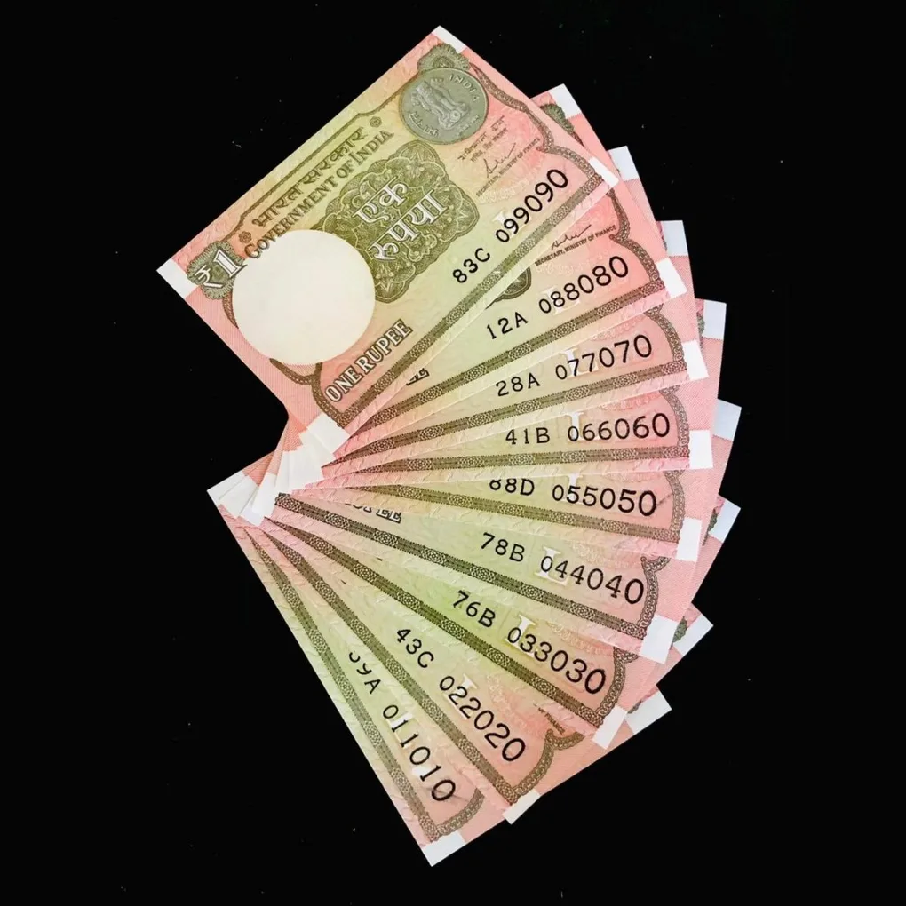 RE 1 India Banknote 011010 to 099090 GEM UNC Unique 9 Note set Telescope Issue
