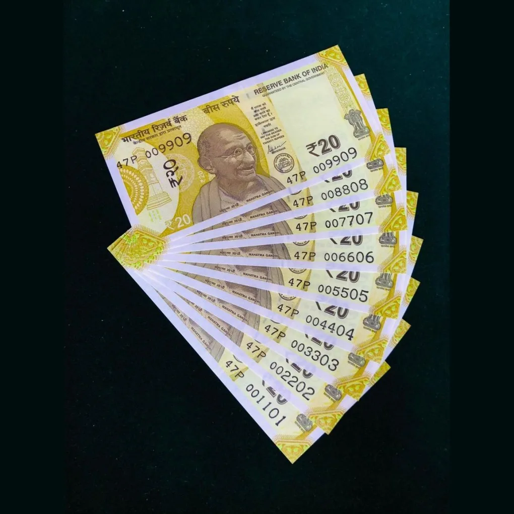 Rs 20 India Banknote Semi Solid Set 001101 to 009909 Gem Unc Unique and Rare