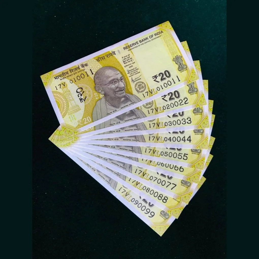 Rs 20 India Banknote Semi Solid Set 010011 to 090099 Gem Unc Unique and Rare