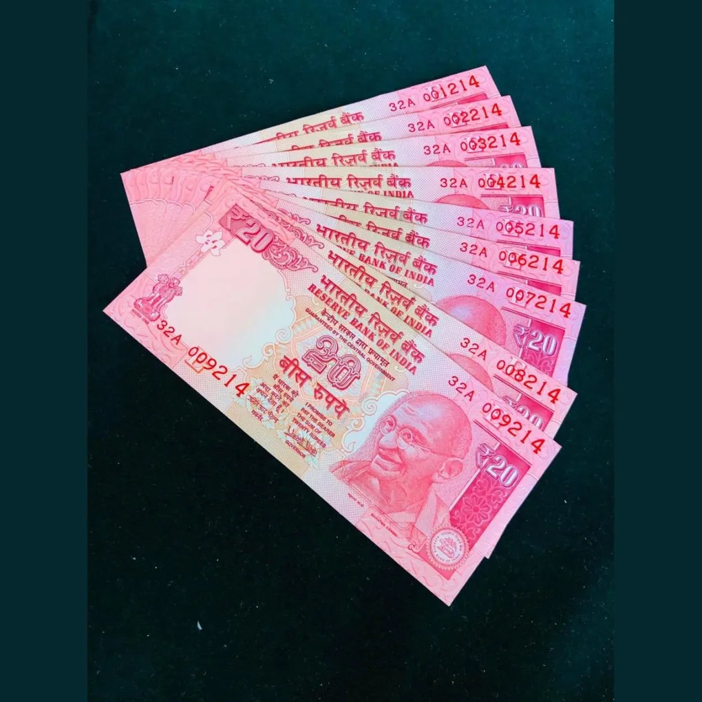 Rs 20 India Banknote Fancy Number 001214 to 009214 Note Gem UNC Set Same Prefix Unique