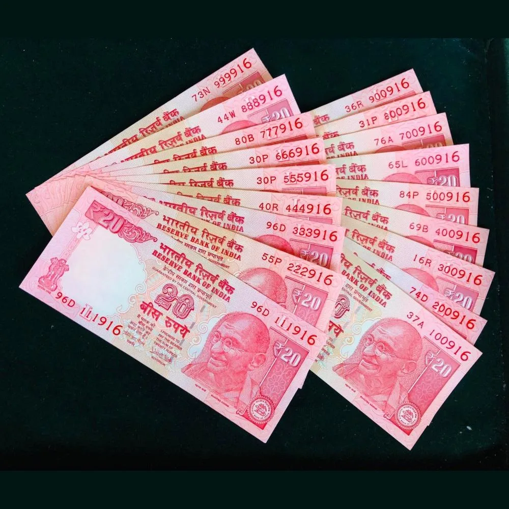Rs 20 India Banknote Set 100916 to 999916 GEM UNC Unique 18 Note set