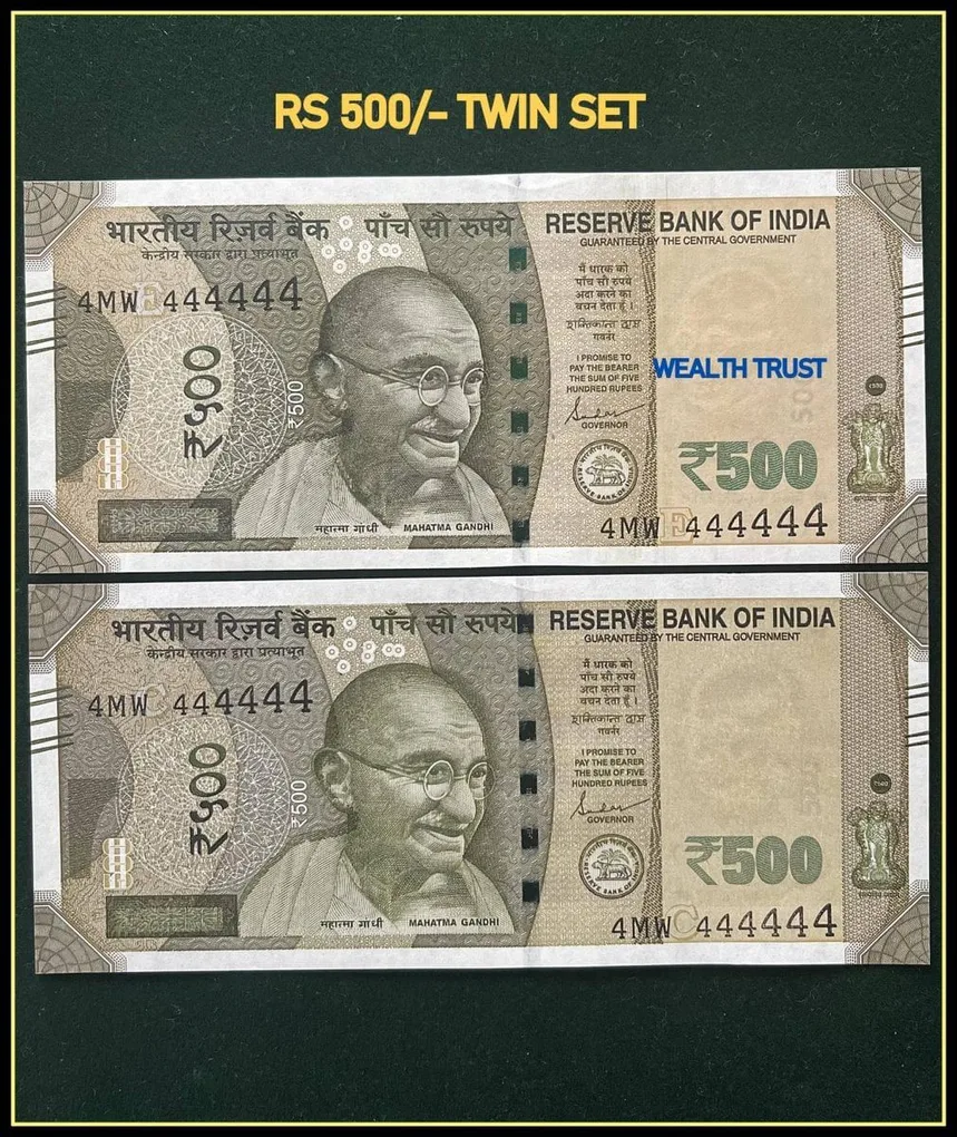 Rs 500 Twin Pair Gem Unc Very Unique Banknote Set Super Solid Number 4MW 444444