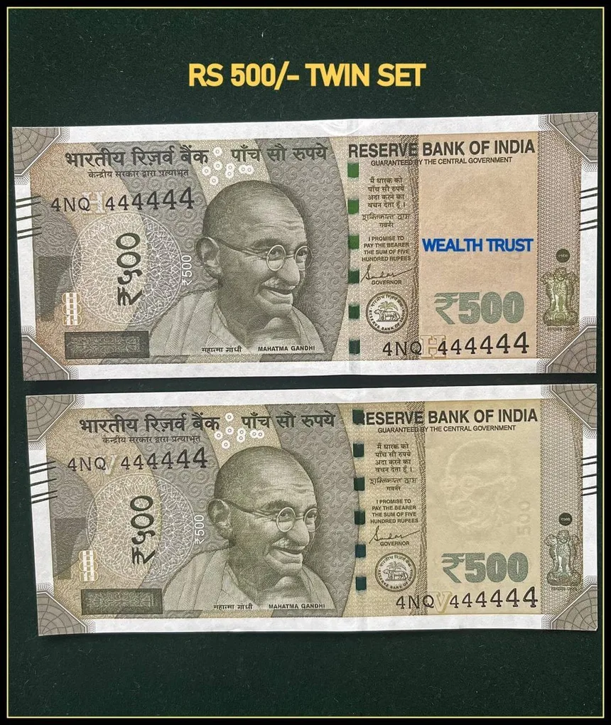 Rs 500 Twin Pair Gem Unc Very Unique Banknote Set Super Solid Number 4NQ 444444