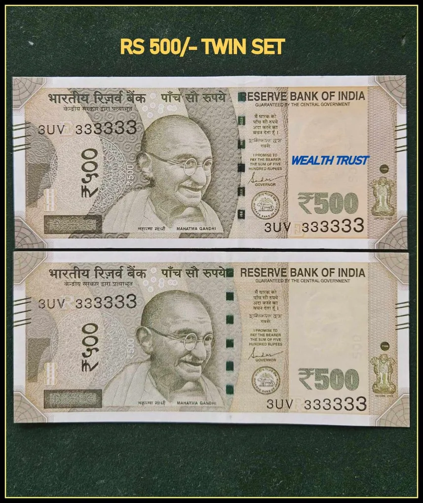 Rs 500 Twin Pair Gem Unc Very Unique Banknote Set Super Solid Number 3UV 333333