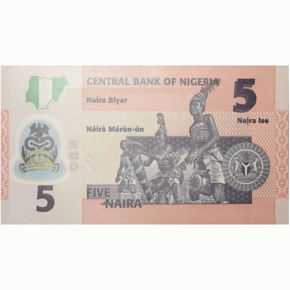 5 Naira Polymer/Plastic Note of Nigeria Country (AD 2009-2022) with Nkpokiti dancers with drums