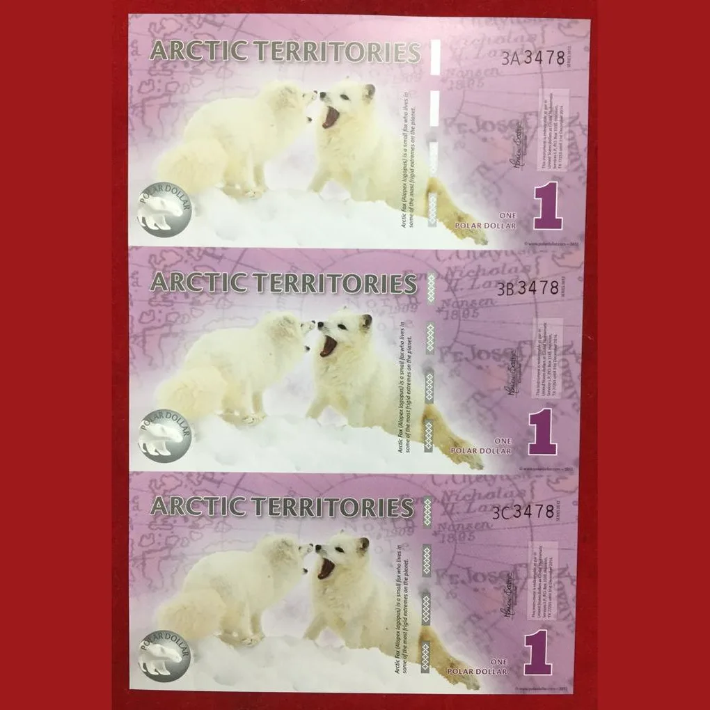 Exonumia › Arctic Territories 1 Polar Dollar Arctic fox 3 pcs Polymer Note Uncut Sheet