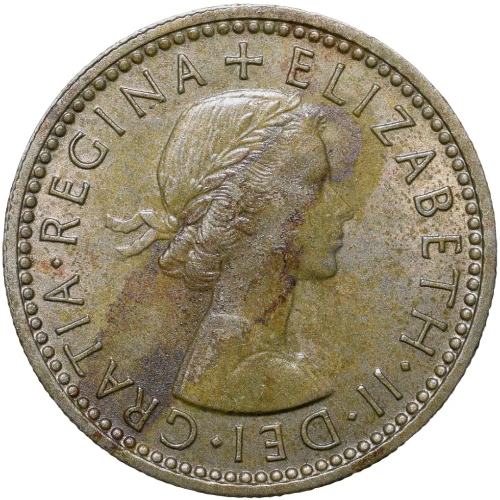 Old Copper-Nickel 6 Pence of Elizabeth II of United Kingdom (AD 1957) with FlowersOld Copper-Nickel
