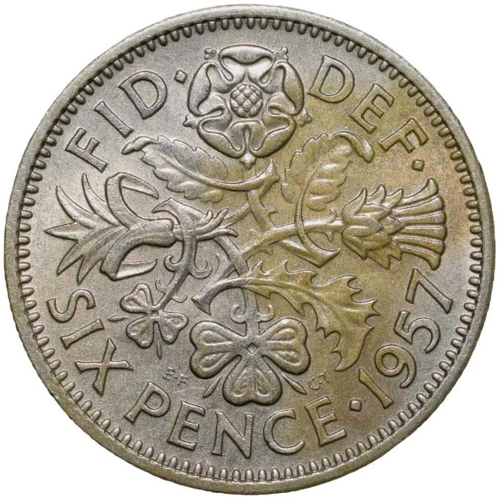 Old Copper-Nickel 6 Pence of Elizabeth II of United Kingdom (AD 1957) with FlowersOld Copper-Nickel