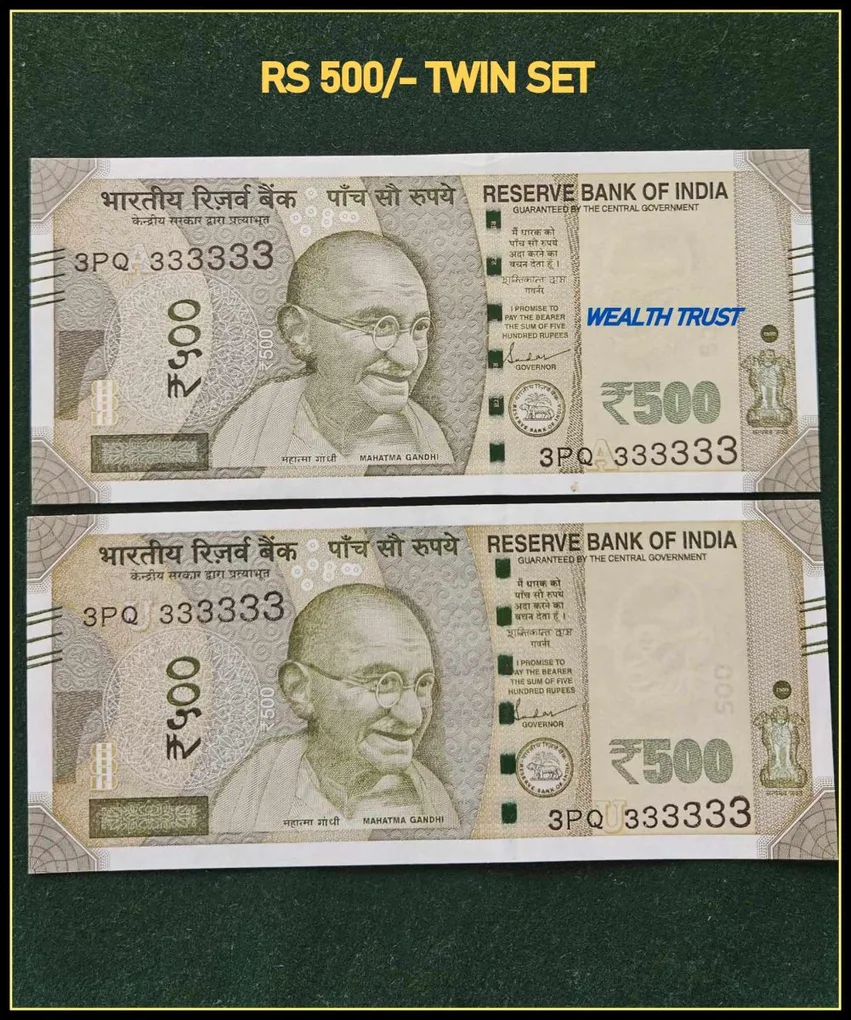 Rs 500 Twin Pair Gem Unc Very Unique Banknote Set Super Solid Number 3PQ 333333