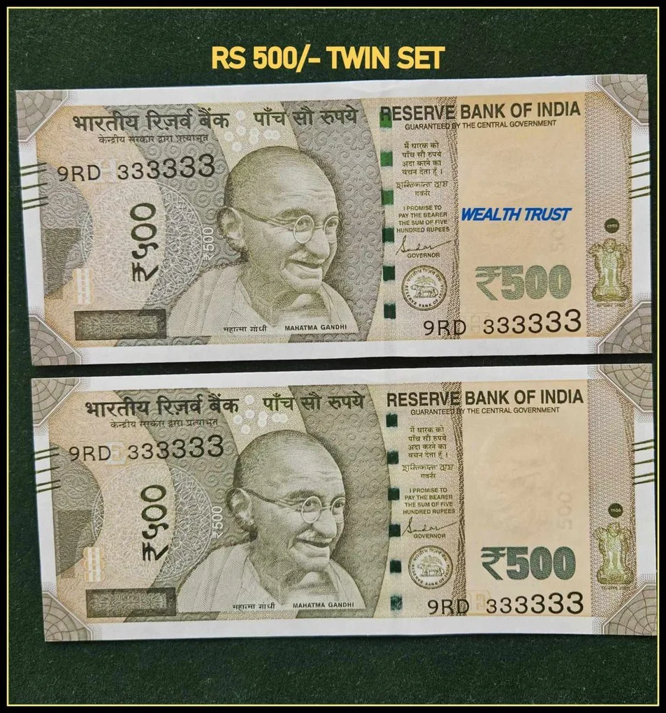 Rs 500 Twin Pair Gem Unc Very Unique Banknote Set Super Solid Number 9RD 333333