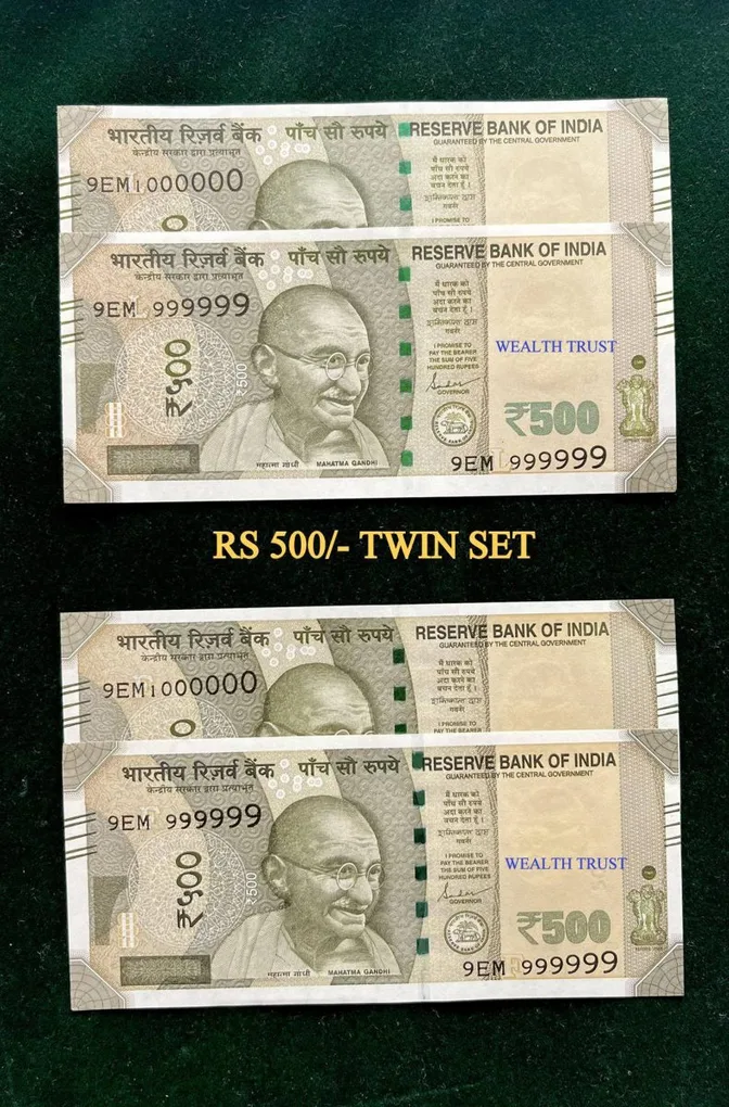 Rs 500 Twin Pair Gem Unc Very Unique Banknote Set Solid Number 9EM 999999 and 1 Million