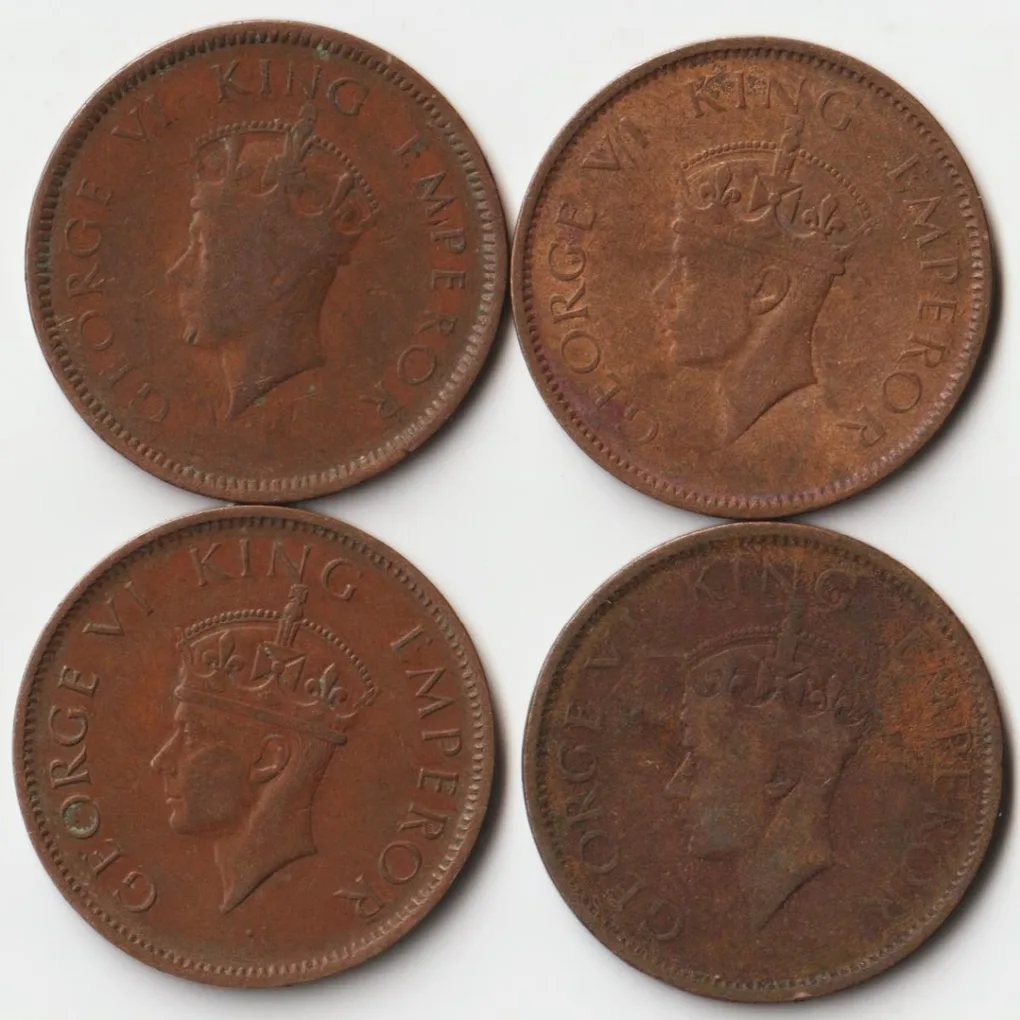 4 Coins Set of One Quarter Anna 1939 to 1942 Bronze Coin of King George VI British India Coinage