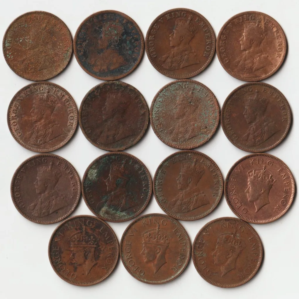 15 Coins Set of One Quarter Anna 1912 to 1942 Bronze Coin of King George V and George VI British India Coinage