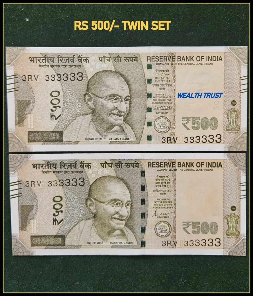 Rs 500 Twin Pair Gem Unc Very Unique Banknote Set Super Solid Number 3RV 333333