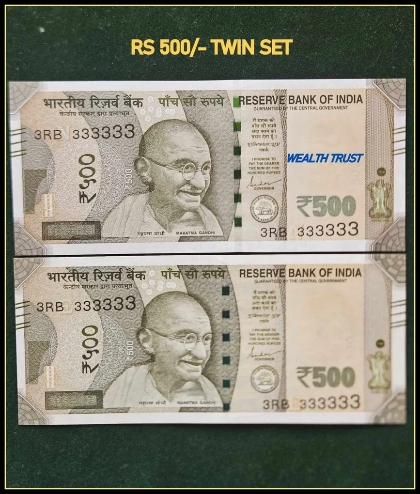 Rs 500 Twin Pair Gem Unc Very Unique Banknote Set Super Solid Number 3RB 333333