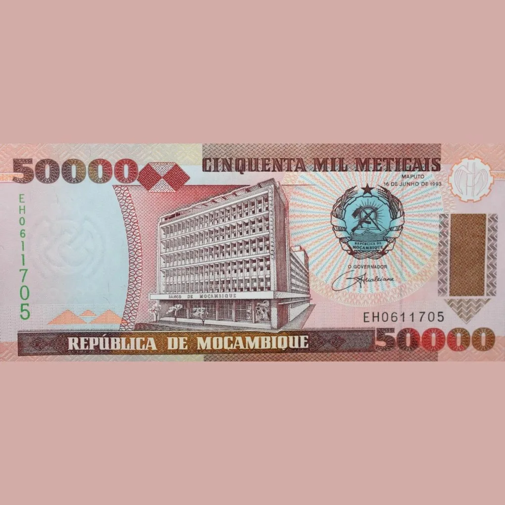 50000 Meticais of Mozambique Country (AD 1993) with A Dam