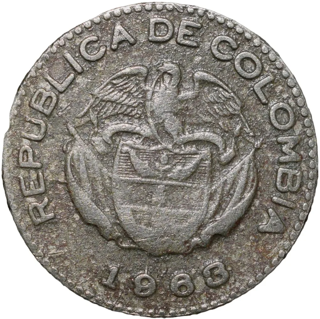 Old Copper-Nickel 10 Pesos of Colombia Country (AD 1963) with portrait of Indio Chief