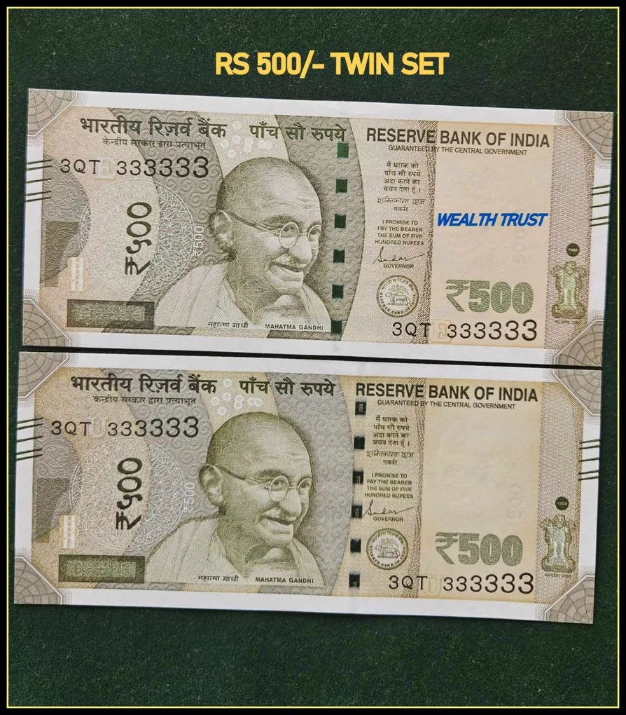 Rs 500 Twin Pair Gem Unc Very Unique Banknote Set Super Solid Number 3QT 333333