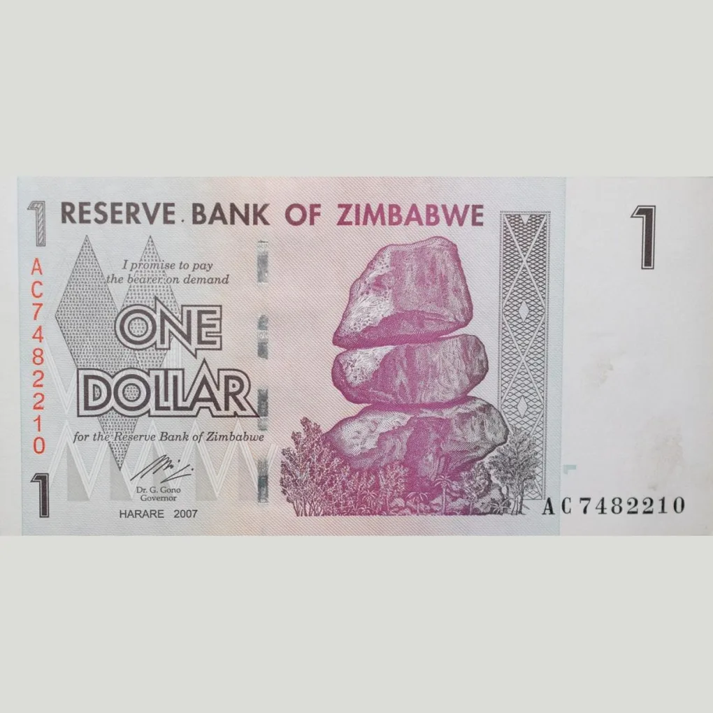 1 Dollar of Zimbabwe Country (AD 2007) with Victoria Falls on Zambezi River and Water Buffalo