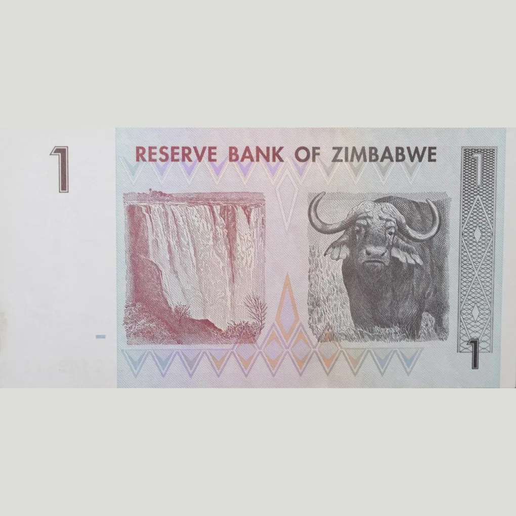 1 Dollar of Zimbabwe Country (AD 2007) with Victoria Falls on Zambezi River and Water Buffalo