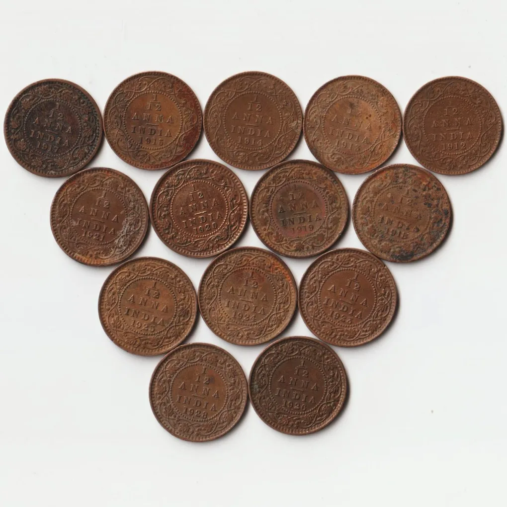 14 Coins Set of 1/12 Anna 1917 to 1928 Bronze Coins of King George V British India Coinage