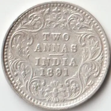 XF Grade Two Anna 1891 Silver Coin of Victoria Empress British India Coinage