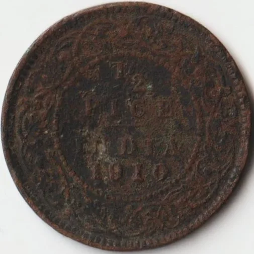 Rare 1/2 Pice 1910 Bronze Coin of King Edward VII British India Coinage