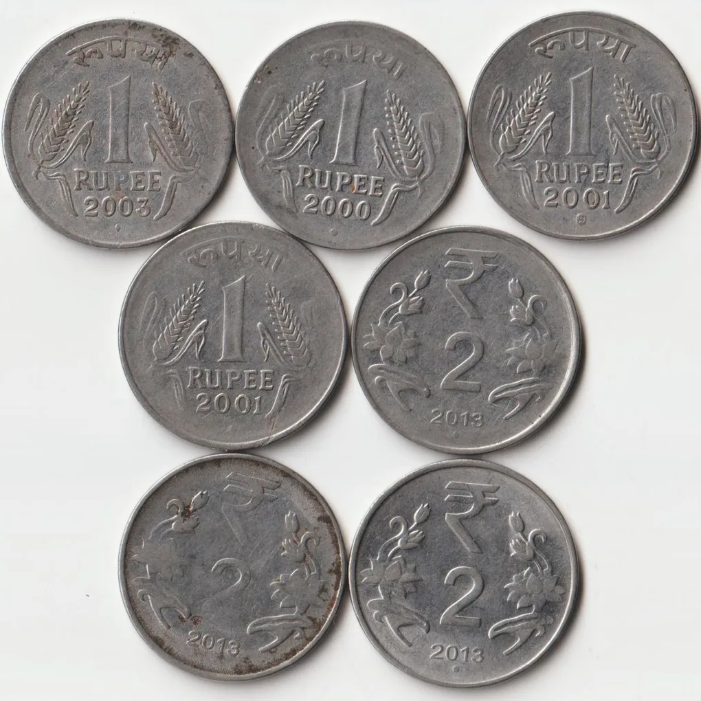 7 Coins Lot of One, Two Rupees Different Dates Set of Coin of Republic India