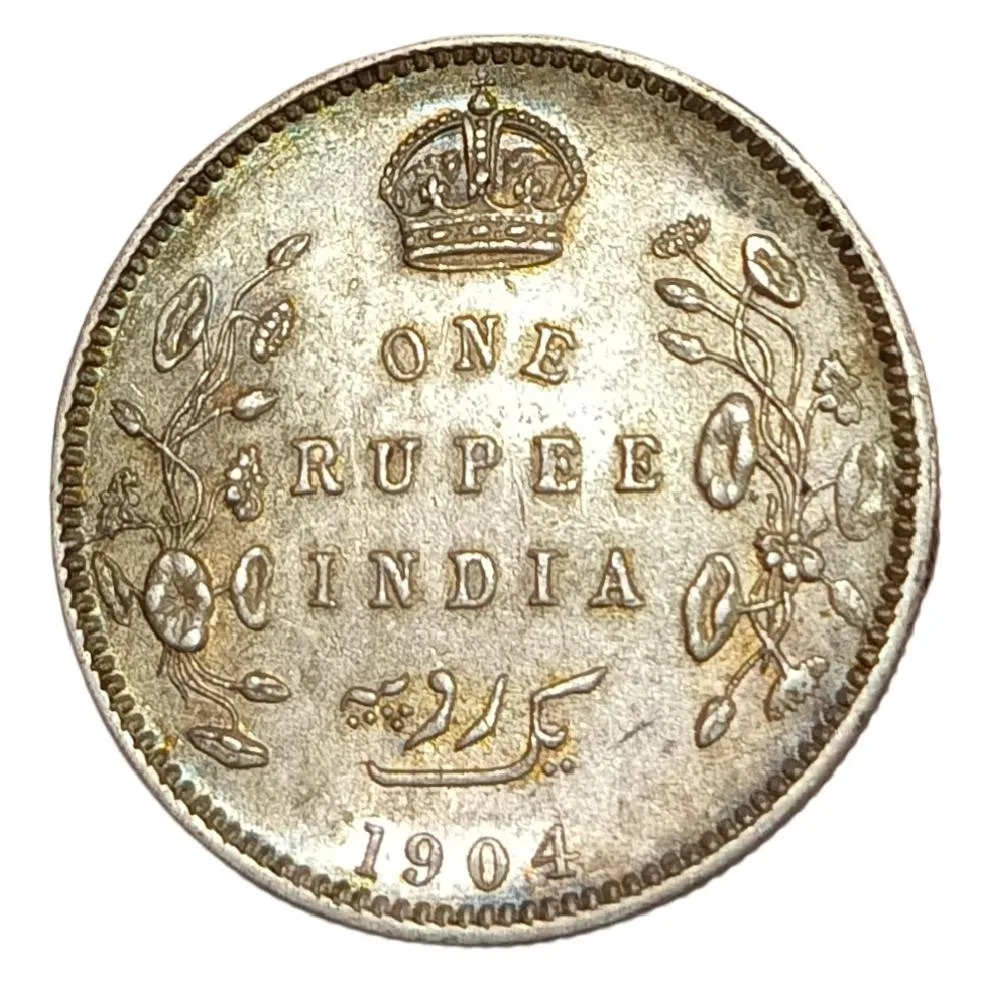 British India Silver Rupee Year 1904 King Edward-VII High AUNC Grade with Rainbow Toning.