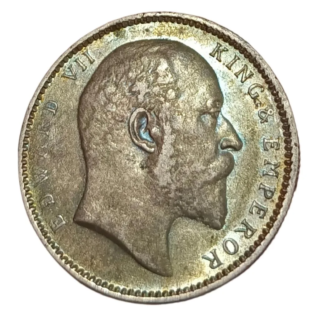 British India Silver Rupee Year 1904 King Edward-VII High AUNC Grade with Rainbow Toning.