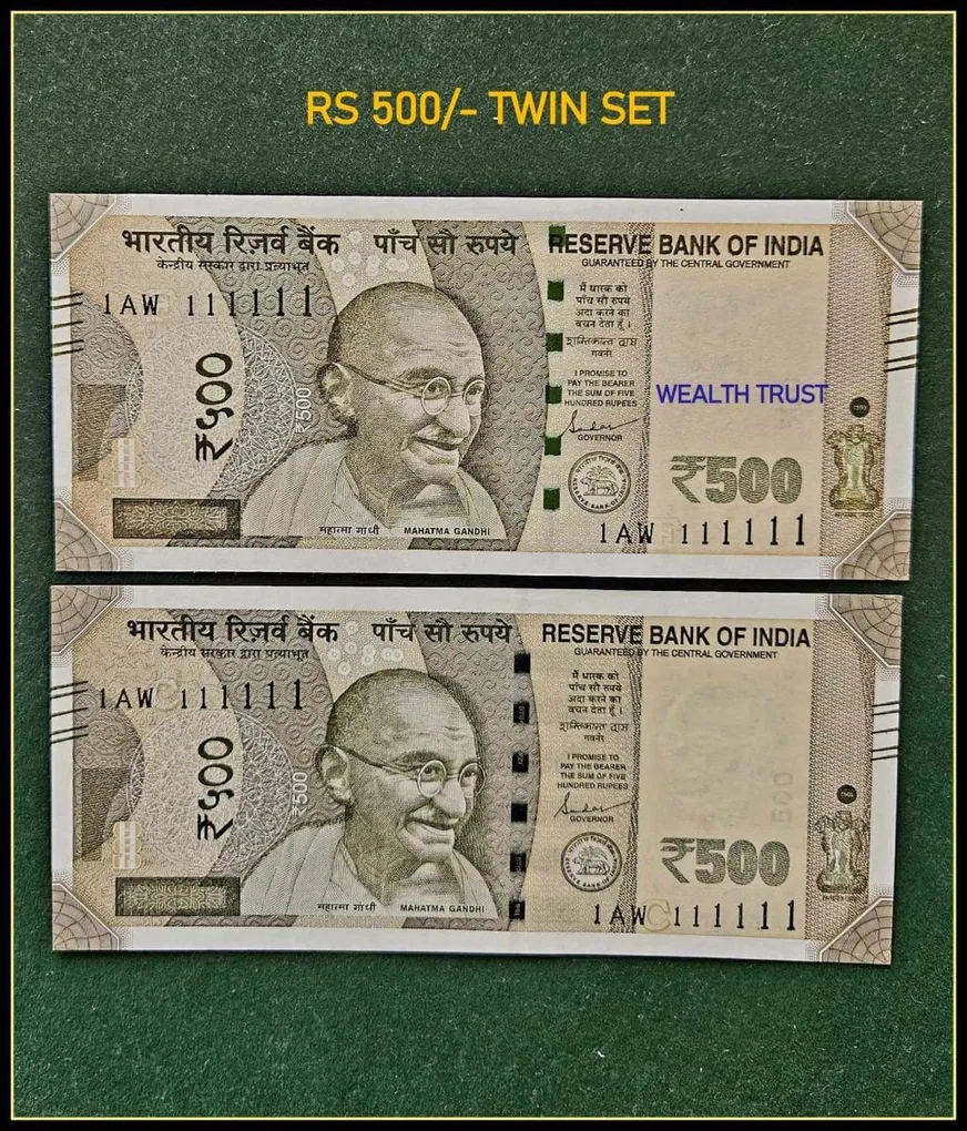 Rs 500 Twin Set Gem Unc Very Unique Bank Note Set Super Solid Number 1AW 111111